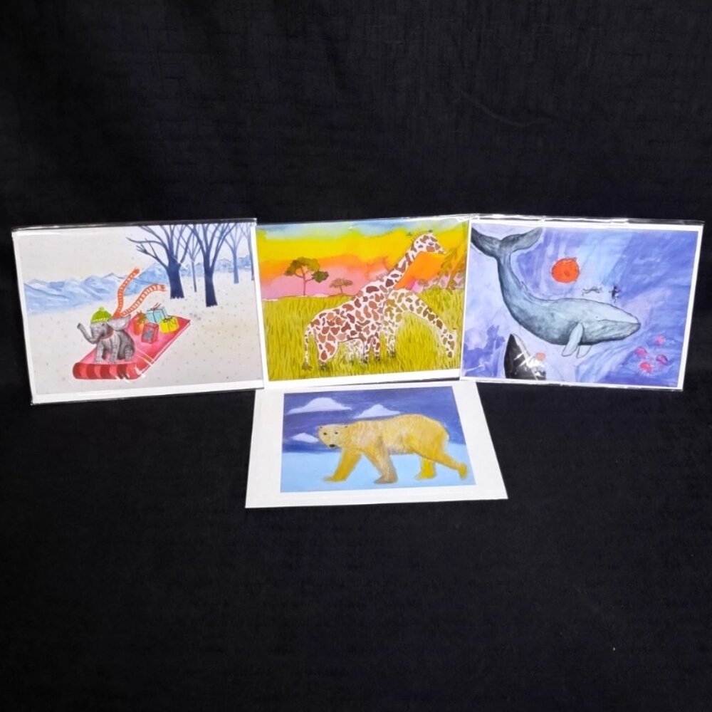 Set of 4 Watercolor Print Animal Themed Blank Greeting Cards W Envelopes